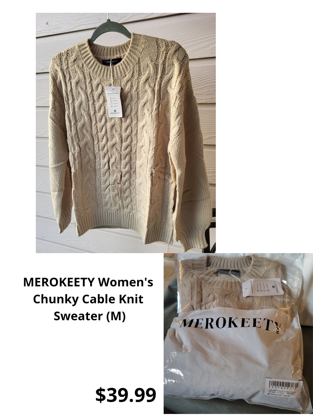 MEROKEETY Cream Cable Crewneck Sweater